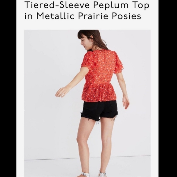 MADEWELL Tiered Sleeved Red Peplum Top In Metallic Prairie Posies NEW - Picture 4 of 9
